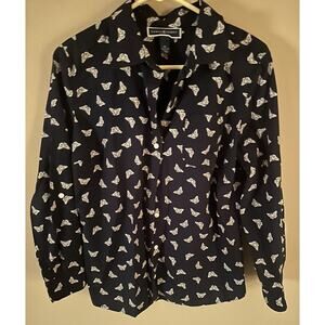 Karen Scott Blouse Women’s PL‎ Navy Button Down Butterfly Shirt Roll Tab Sleeves